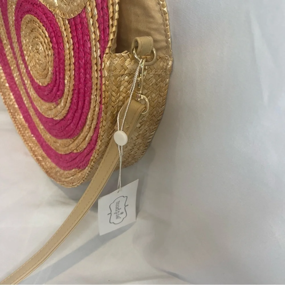 Mud Pie NWT Round Straw Bag with Hot Pink Circles Shoulder Strap and Handles - Picture 6 of 16